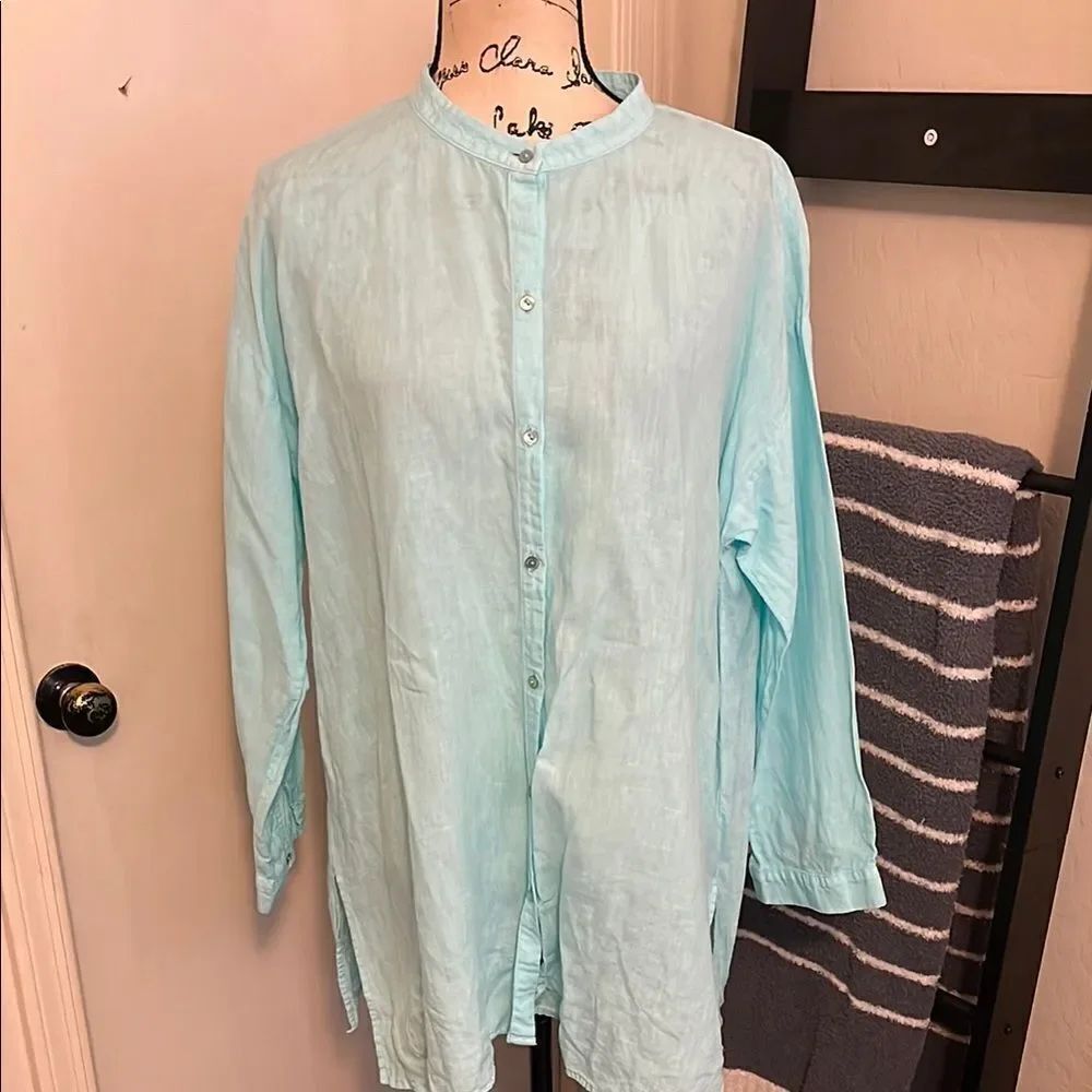 Eileen Fisher Organic Linen Light Blue Button-Up Shirt Minimalist Boho